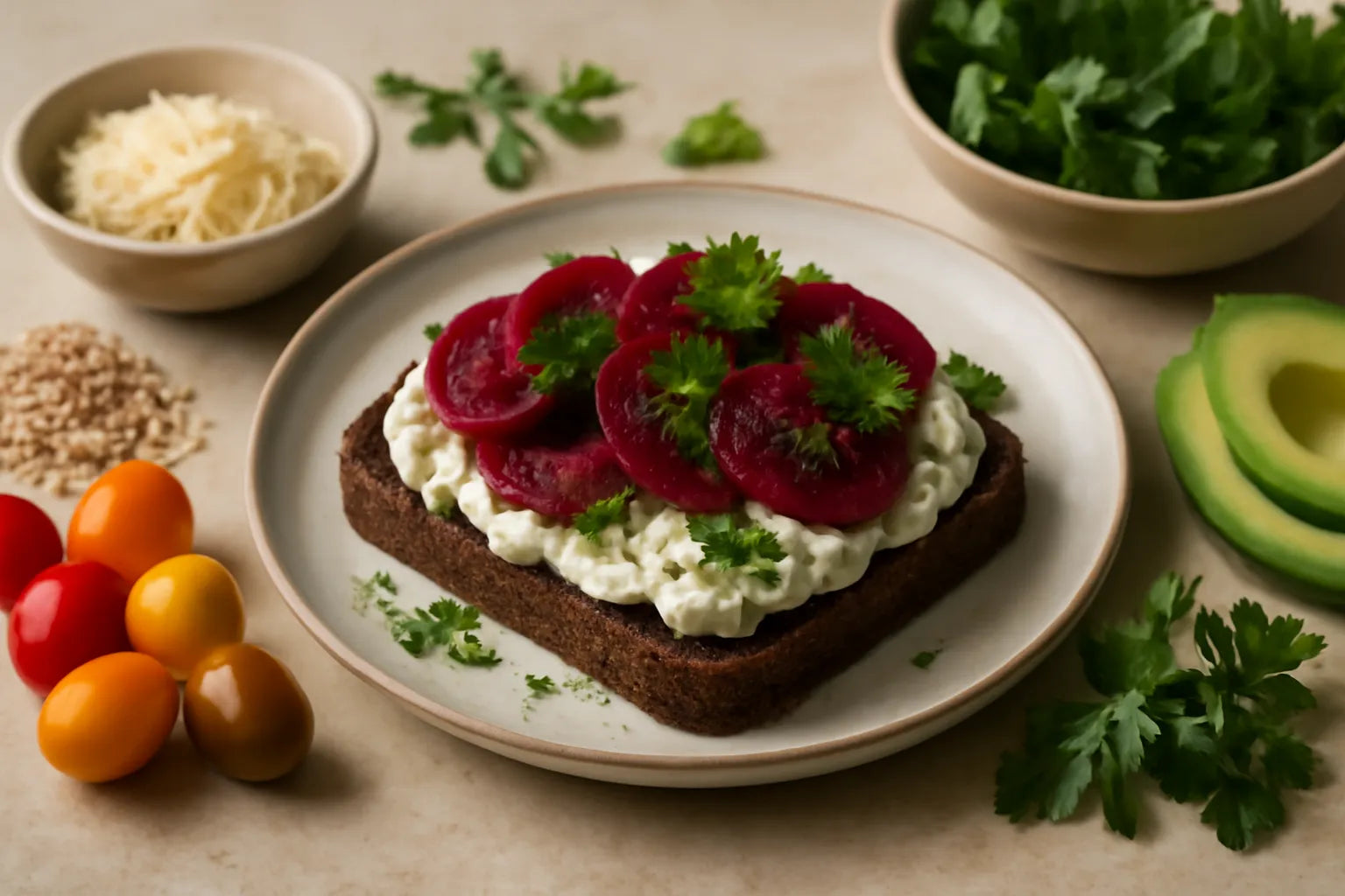 Pumpernickel with beetroot and cottage cheese