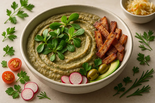 Purslane mash with lean bacon bits