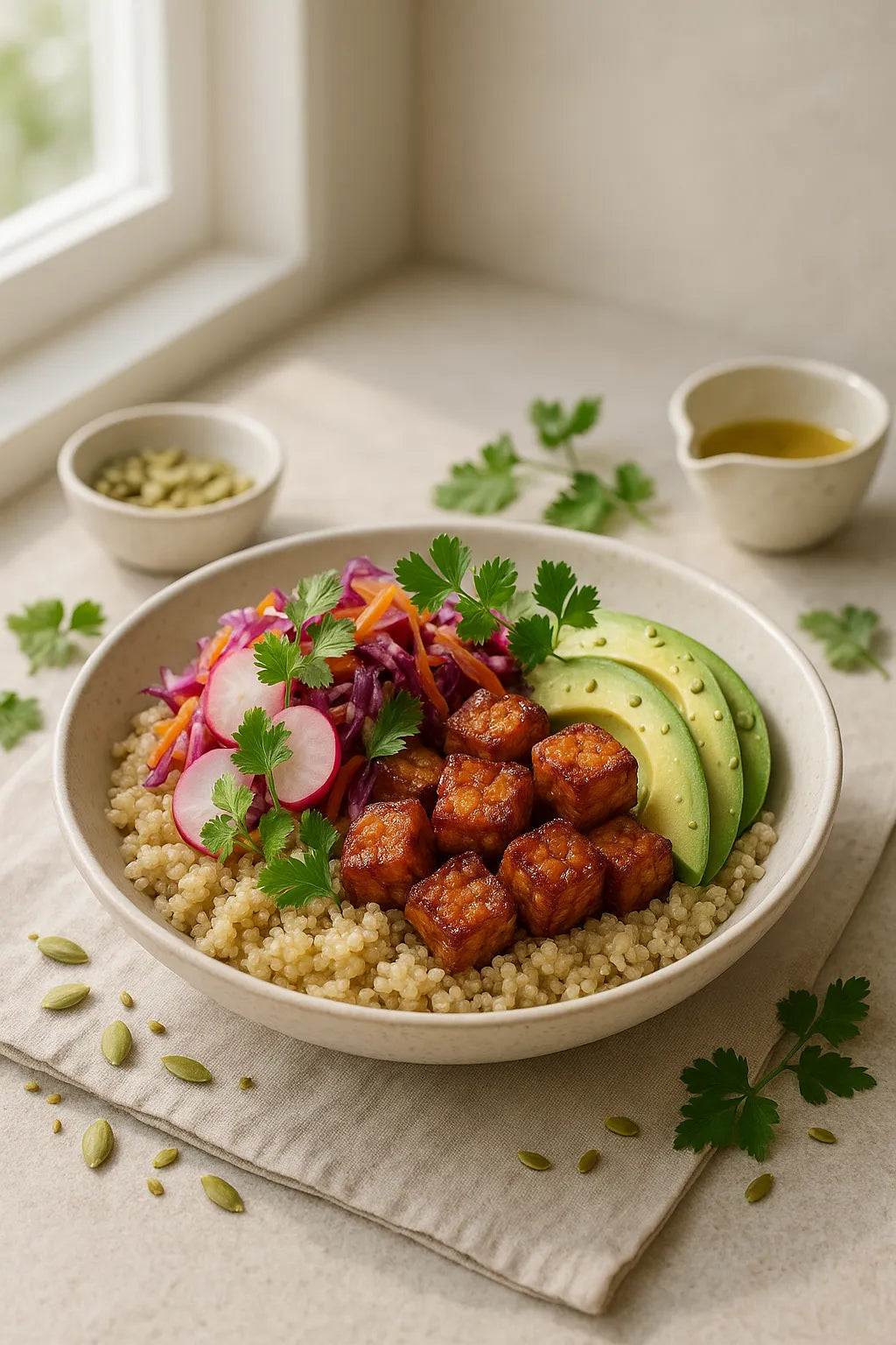 Quinoa-Bowl mit Tempeh und fermentiertem Slaw