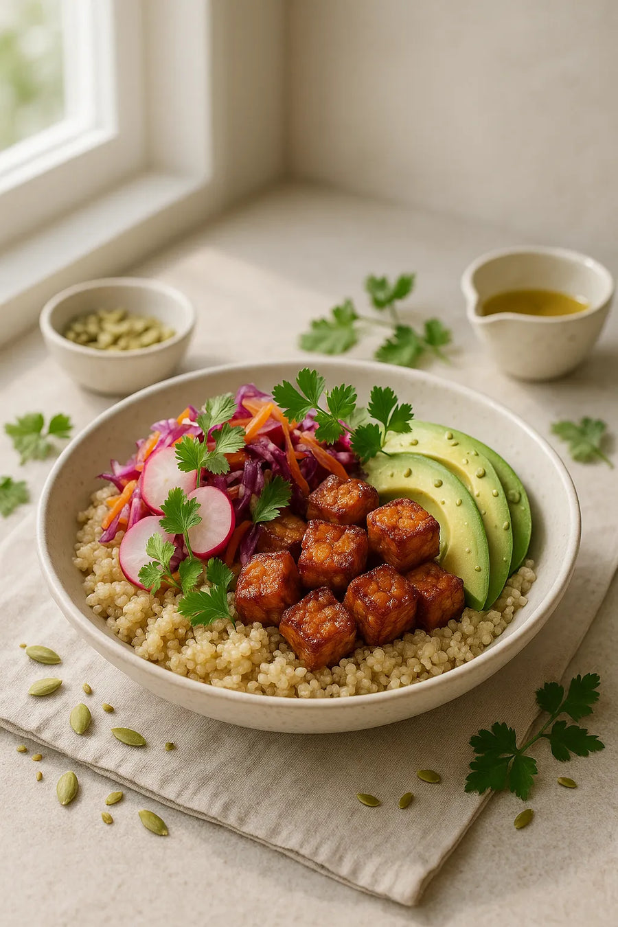 Quinoa Bowl mit Tempeh und fermentiertem Slaw