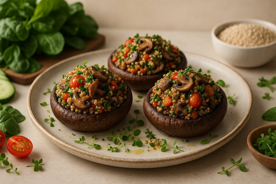 Portobellos rellenos de quinoa y champiñones