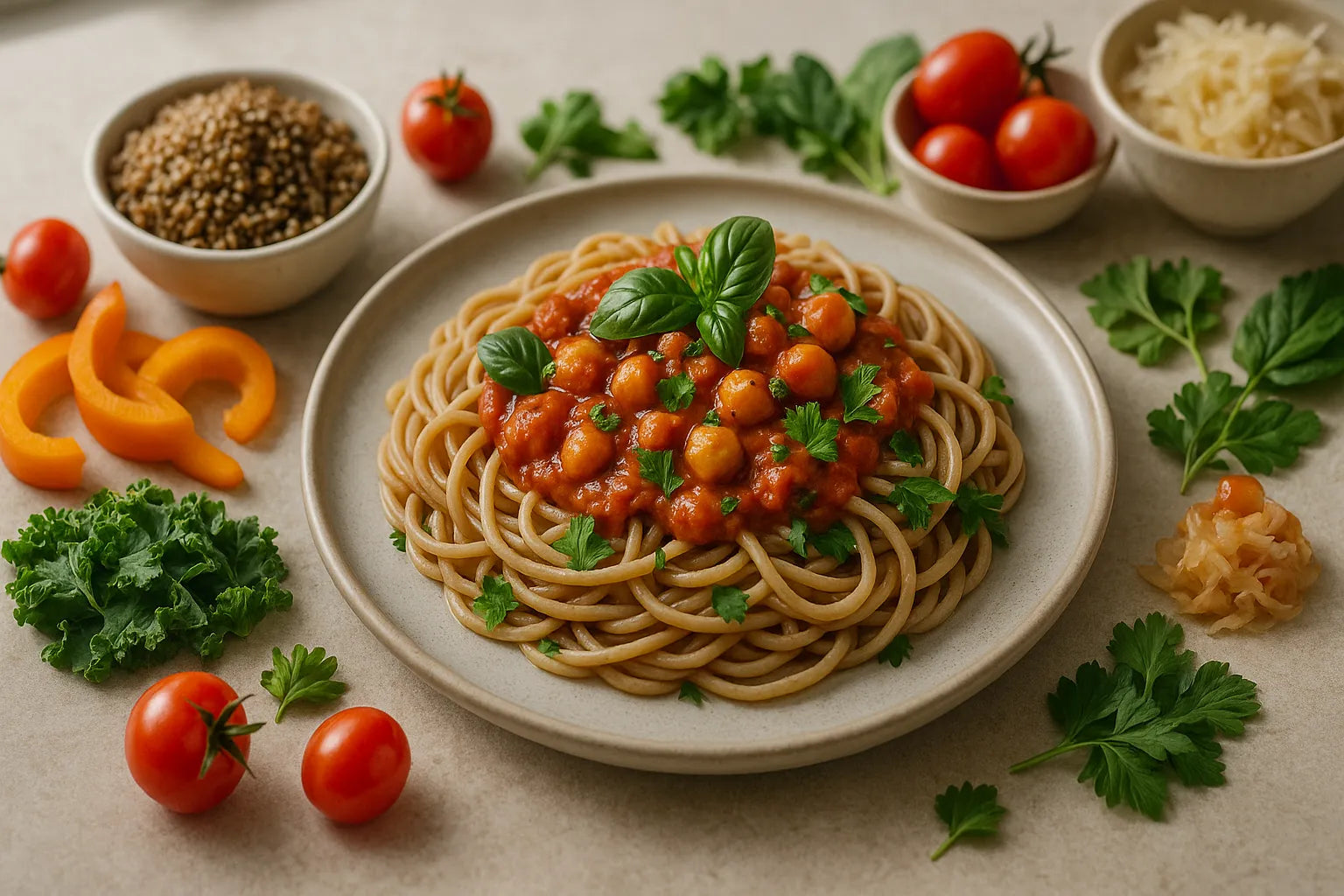 Pasta de quinoa con salsa de tomate y garbanzos