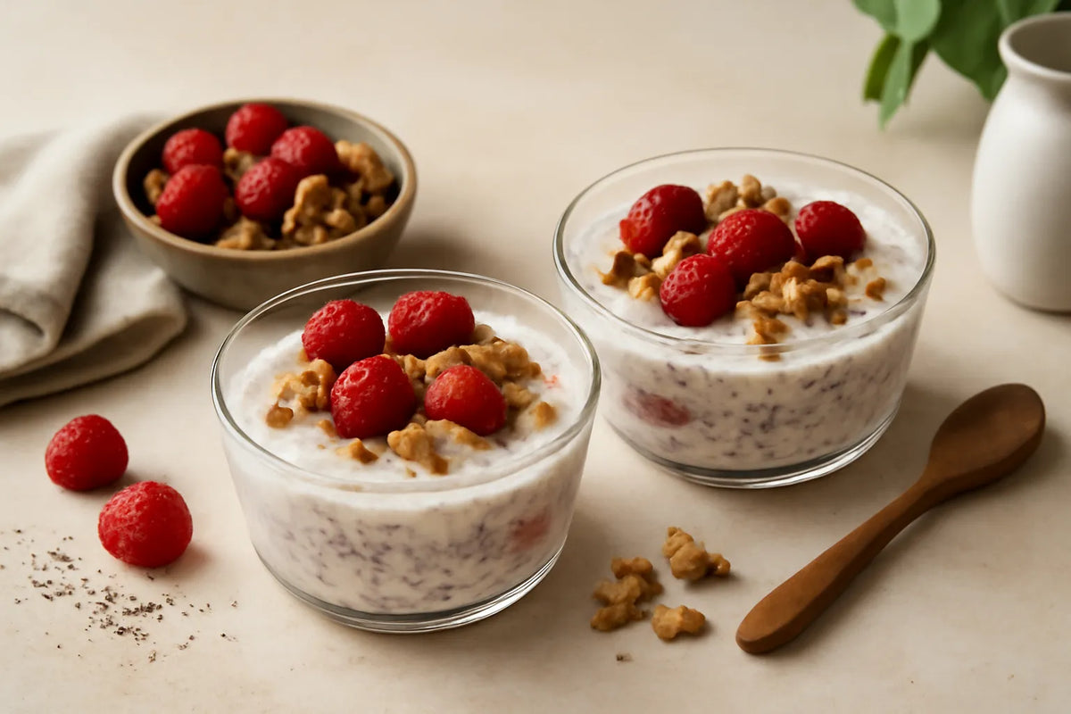 Chia-Joghurtpudding mit Himbeeren und Walnüssen