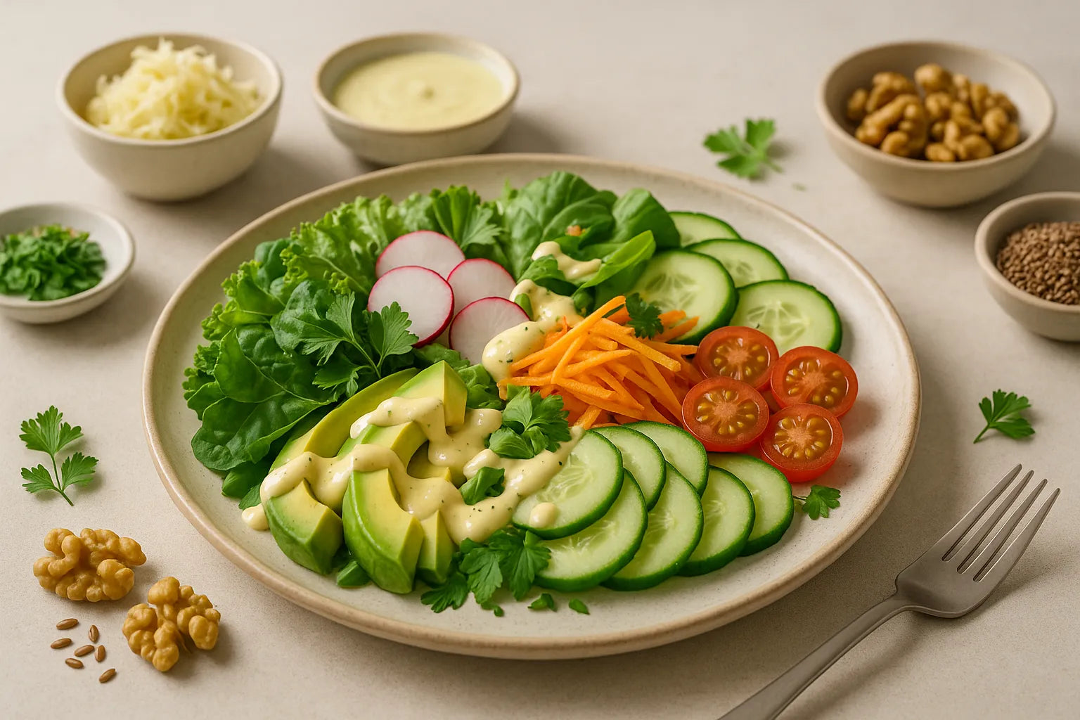 Raw vegetable salad with yogurt mustard dressing
