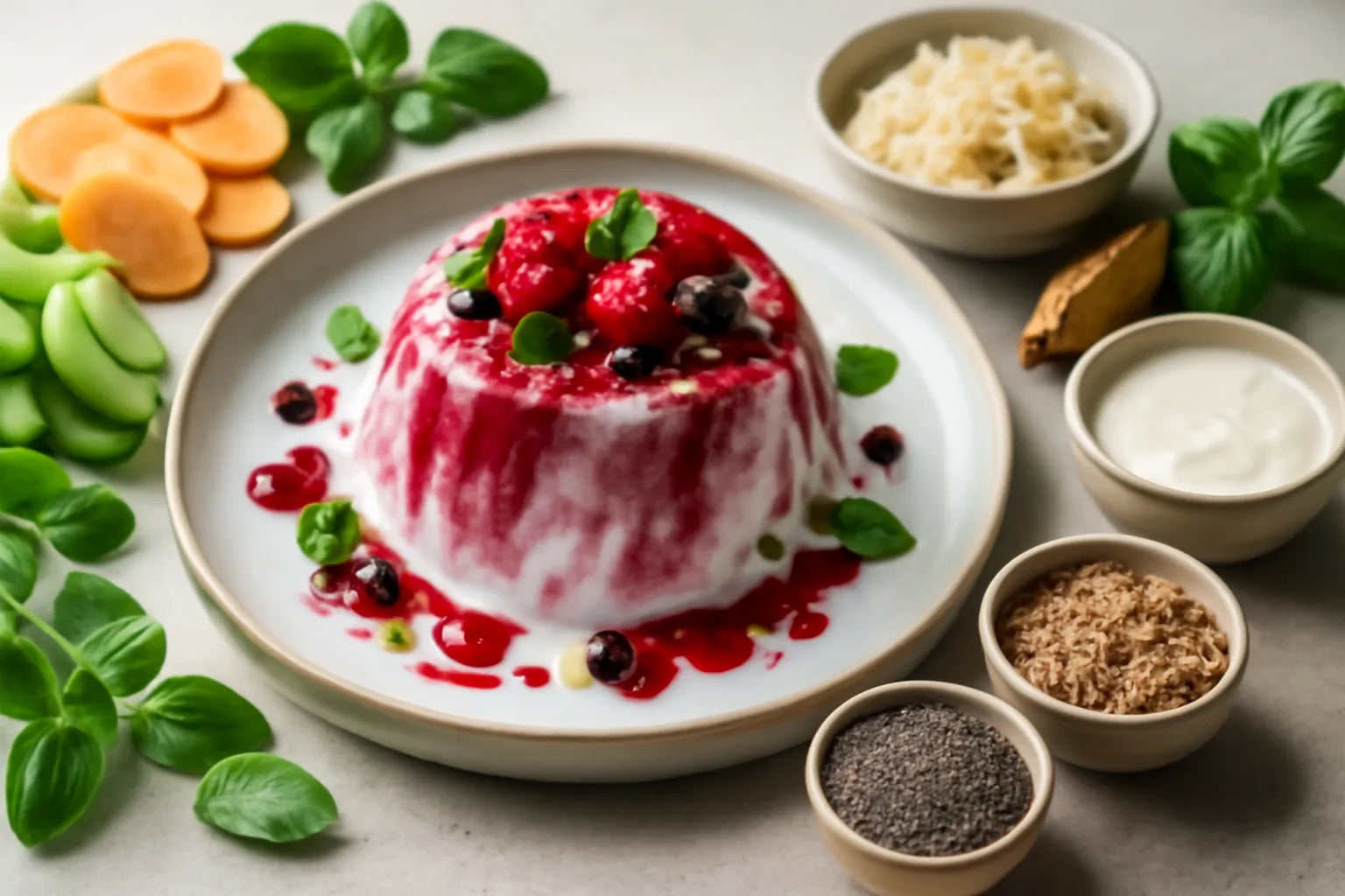 Rode bessenpudding met yoghurt