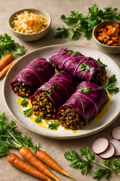 Red cabbage rolls with lentils