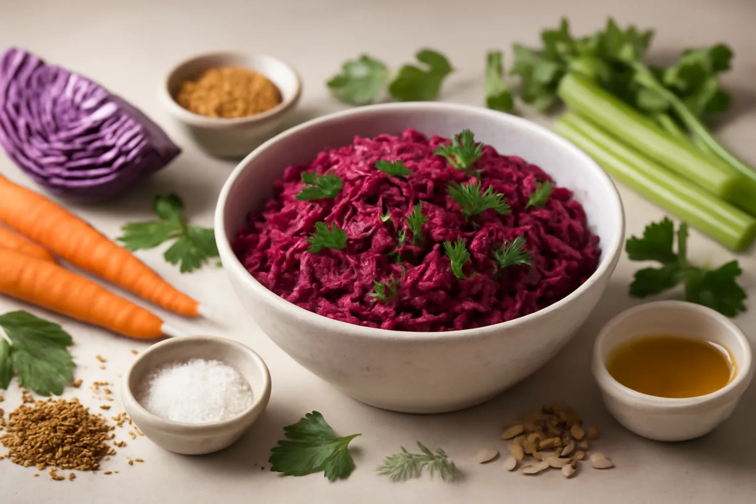 Red cabbage sauerkraut mix with herbs