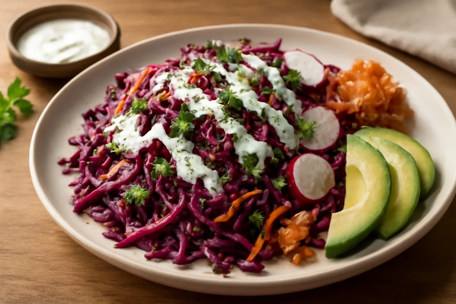 Red cabbage slaw with yogurt dressing