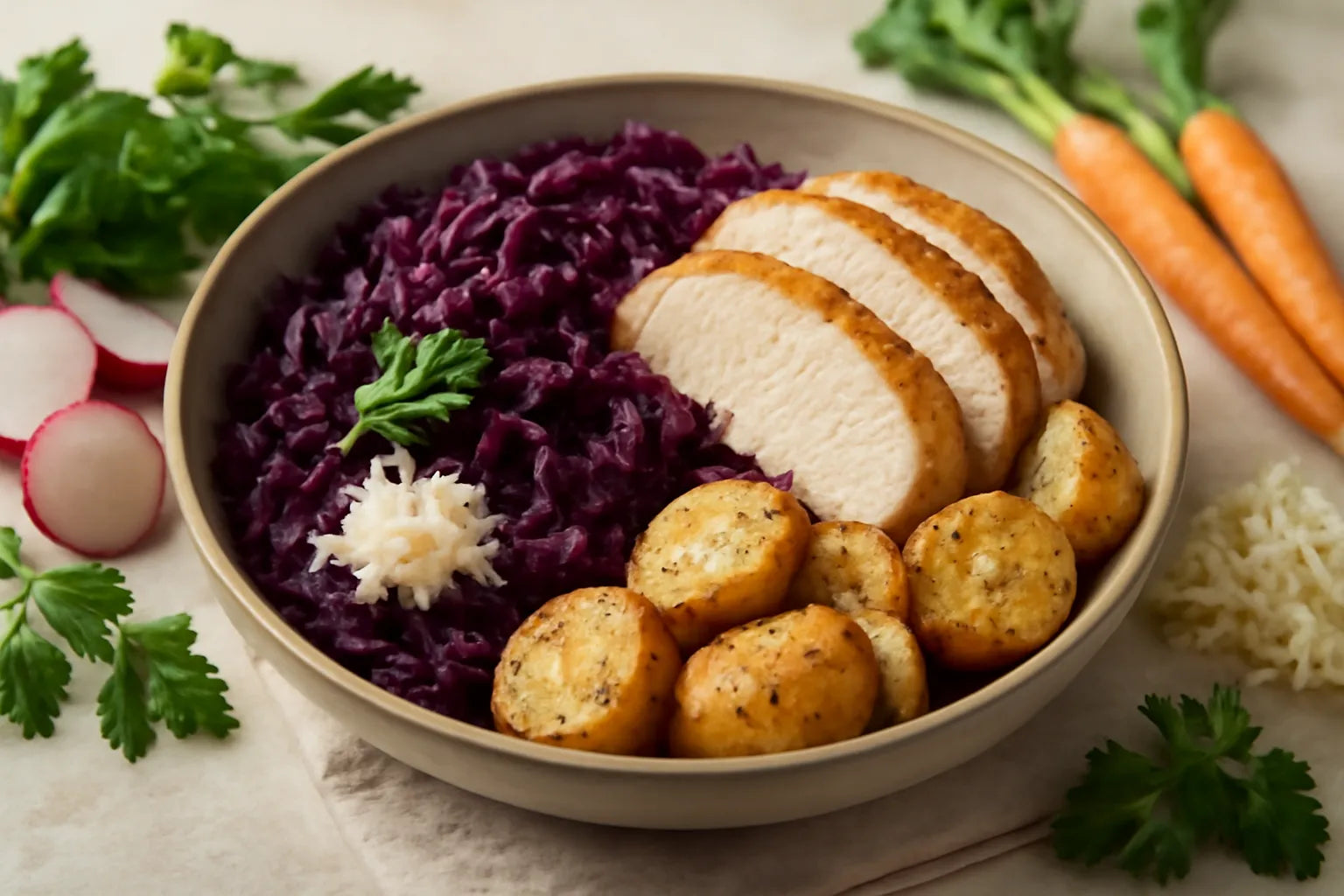 Red cabbage with turkey and potatoes