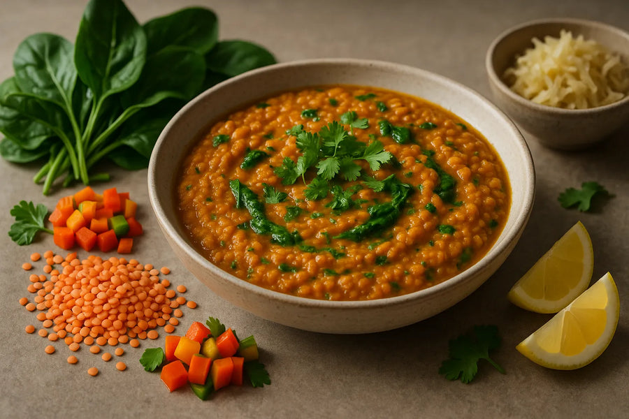 Dal de lentejas rojas con espinacas