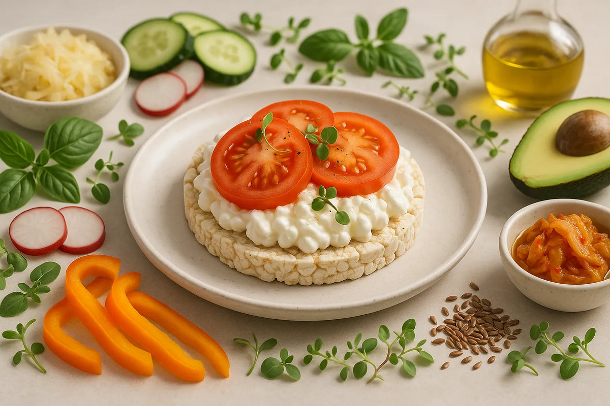 Rice cake with cottage cheese and tomato