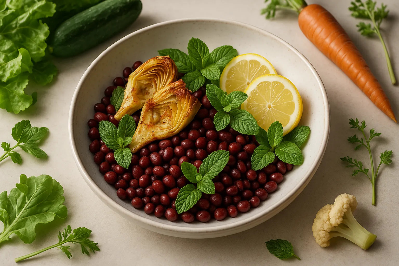 Roasted Artichoke Adzuki Bean Bowl with Lemon Mint
