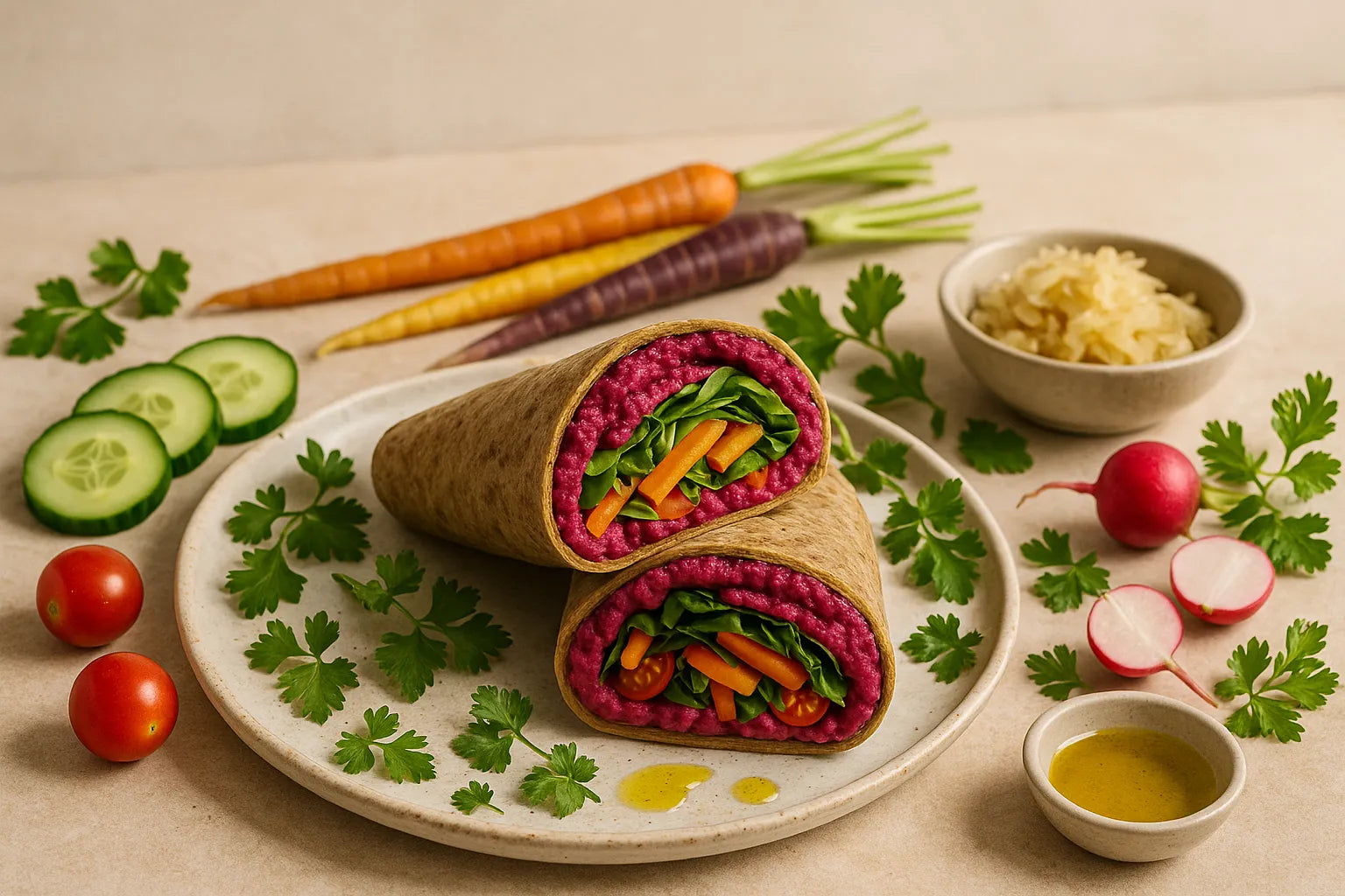 Wrap de hummus de remolacha asada