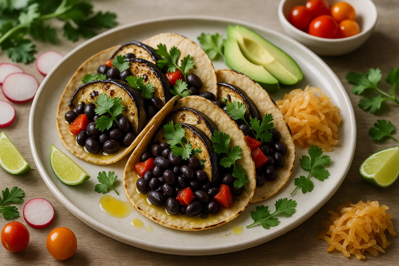 Tacos de berenjena asada con frijoles negros