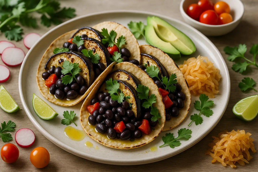 Tacos de berenjena asada con frijoles negros