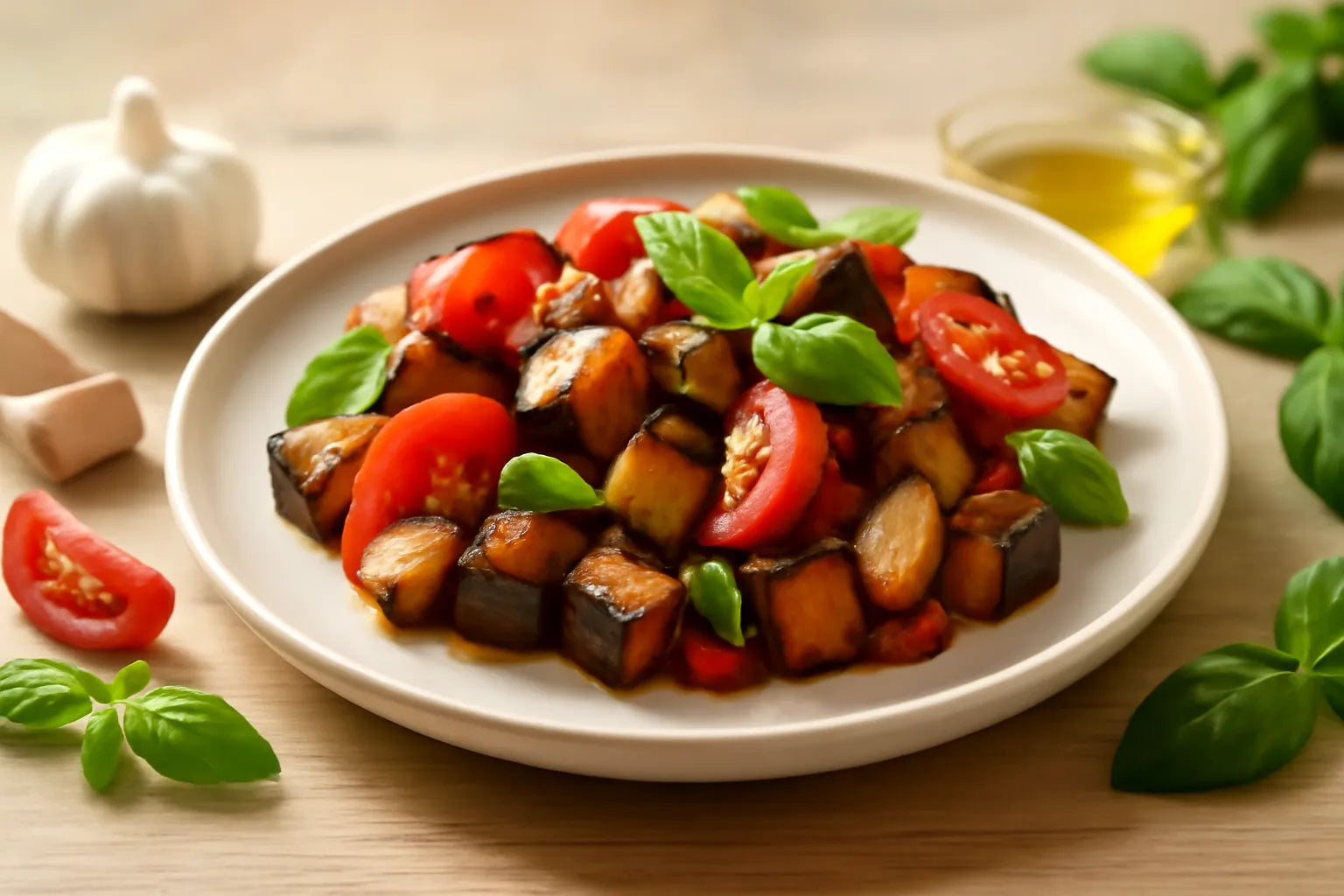 Geroosterde aubergine met tomaat en knoflook
