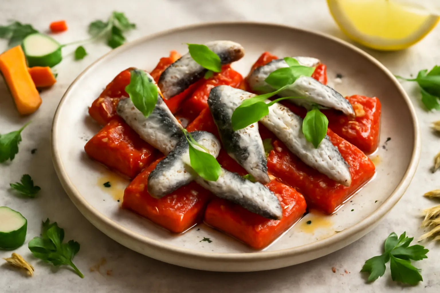 Geroosterde paprika- en sardinehapjes