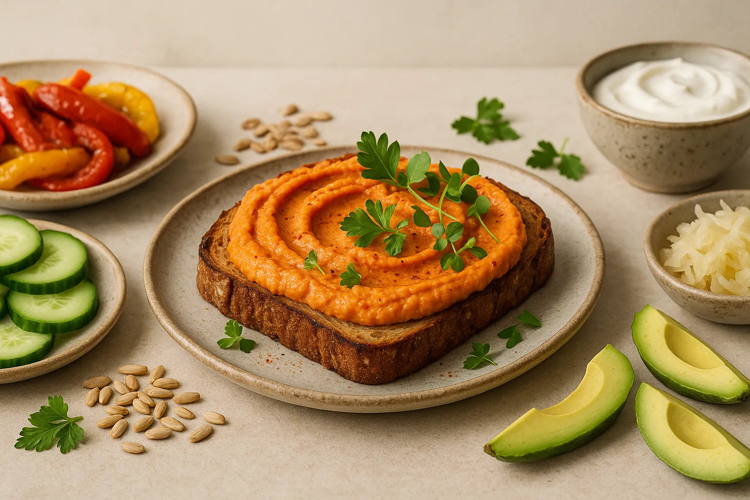 Tostada de hummus de pimiento asado