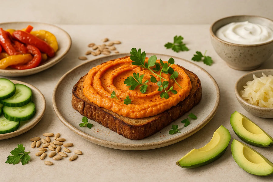 Tostada de hummus de pimiento asado