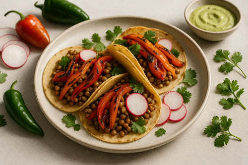 Tacos de lentejas con pimiento asado