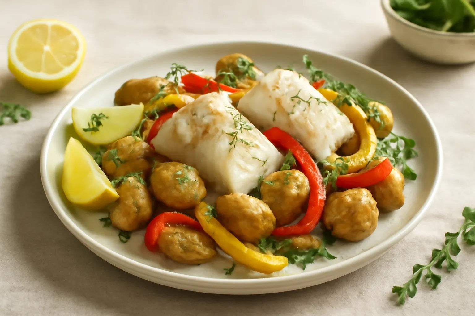 Geroosterde aardappelen met kabeljauw en paprika's