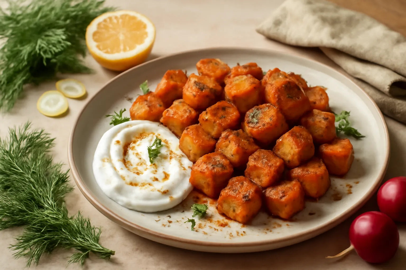 Geroosterde aardappelen met paprika en yoghurtsaus