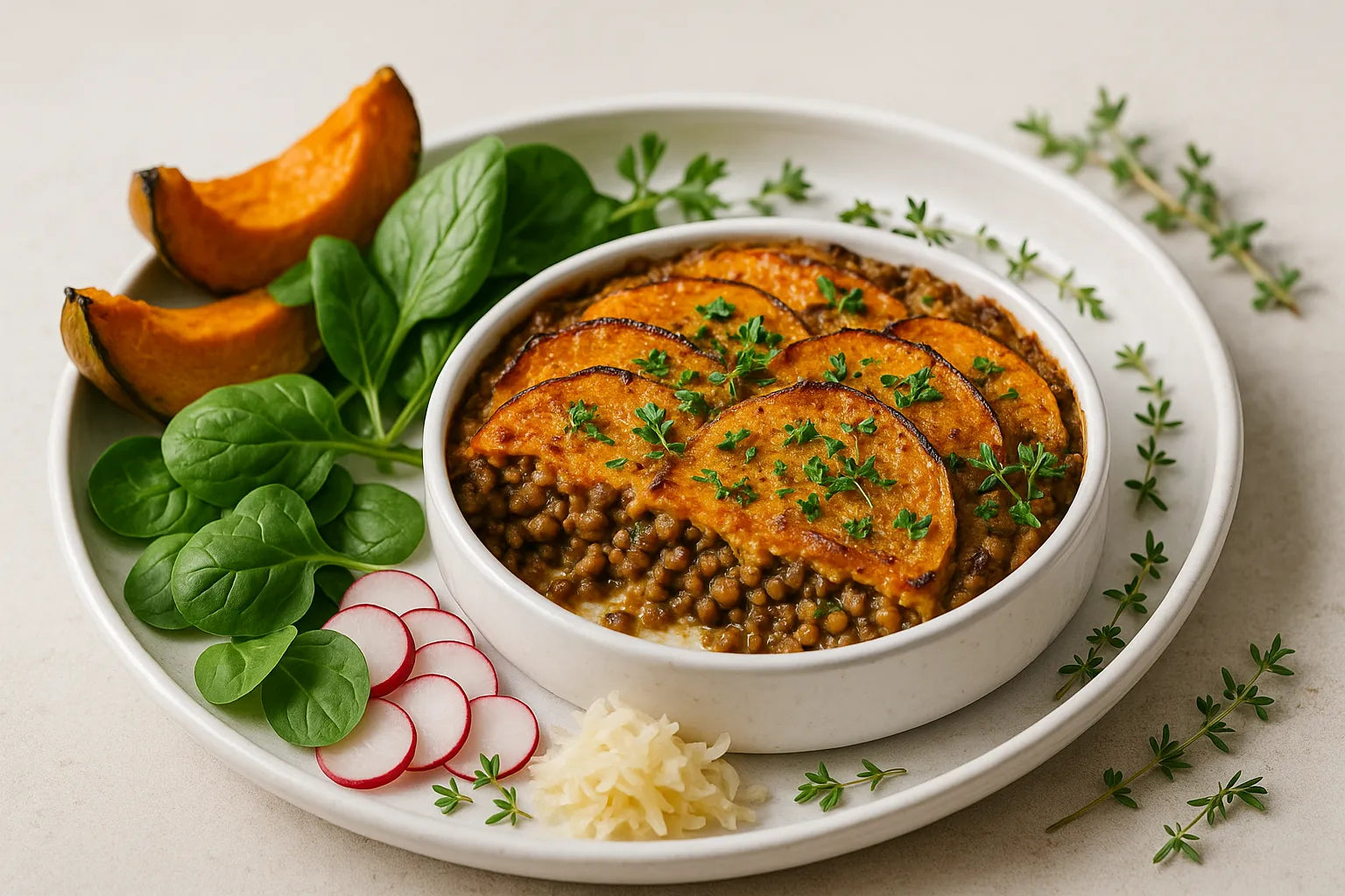 Gratín de calabaza asada y lentejas