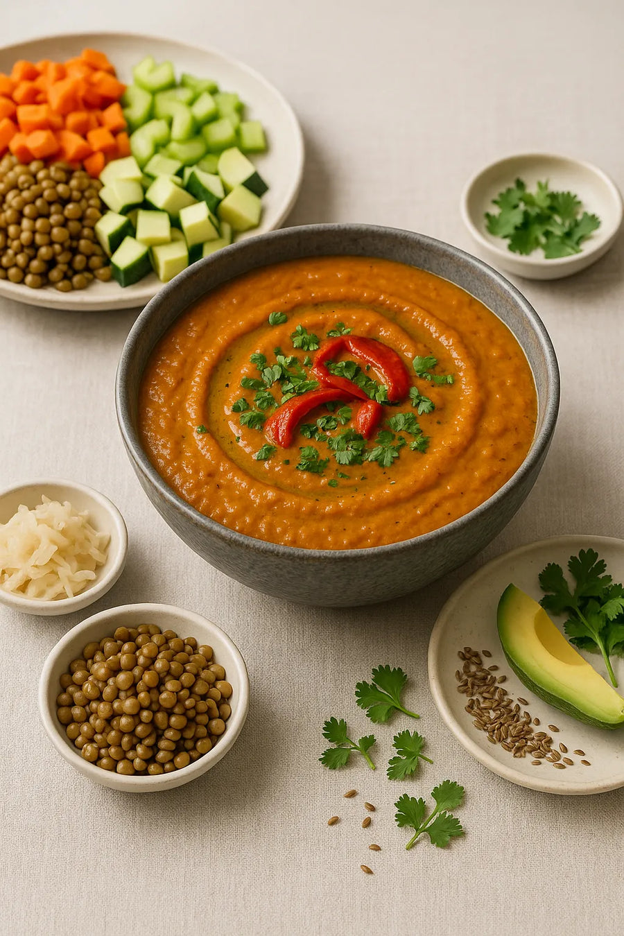 Sopa de lentejas con pimiento rojo asado