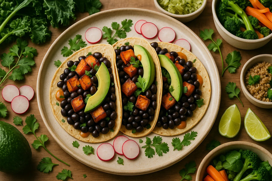 Tacos de camote asado y frijoles negros