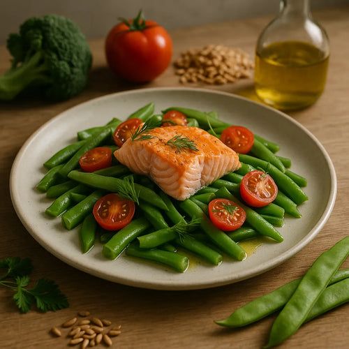 Runner beans with salmon and tomato