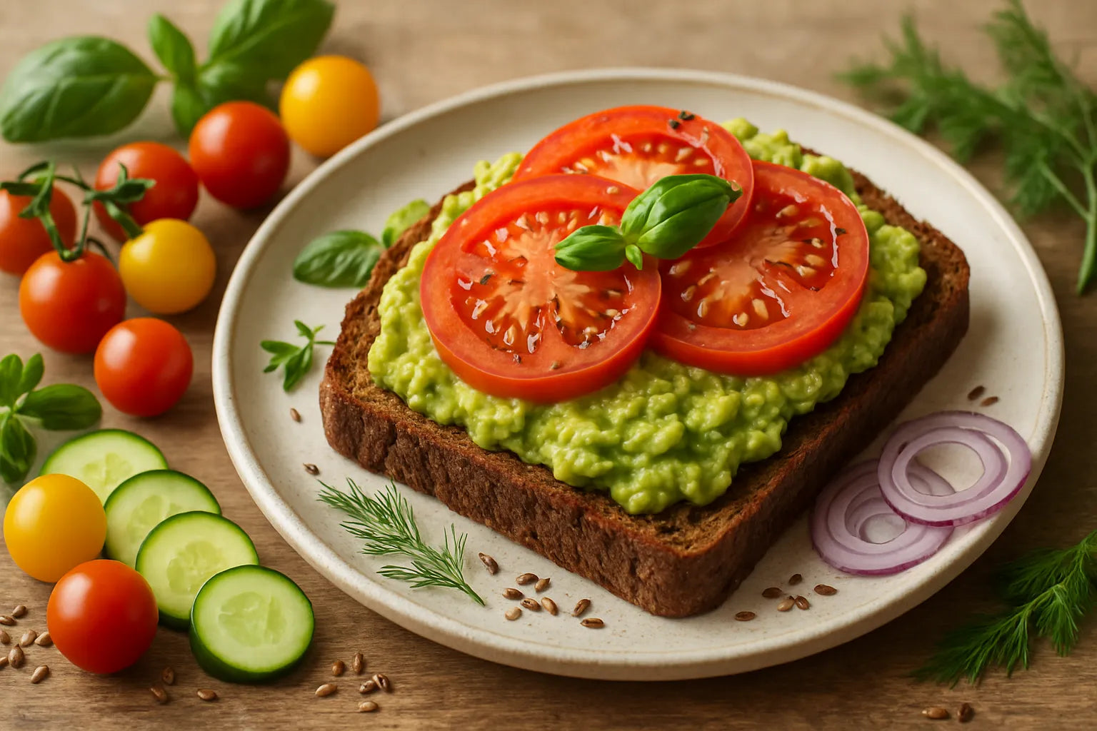 Rye bread with avocado and tomato