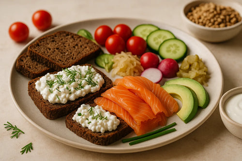 Rye bread with cottage cheese and salmon