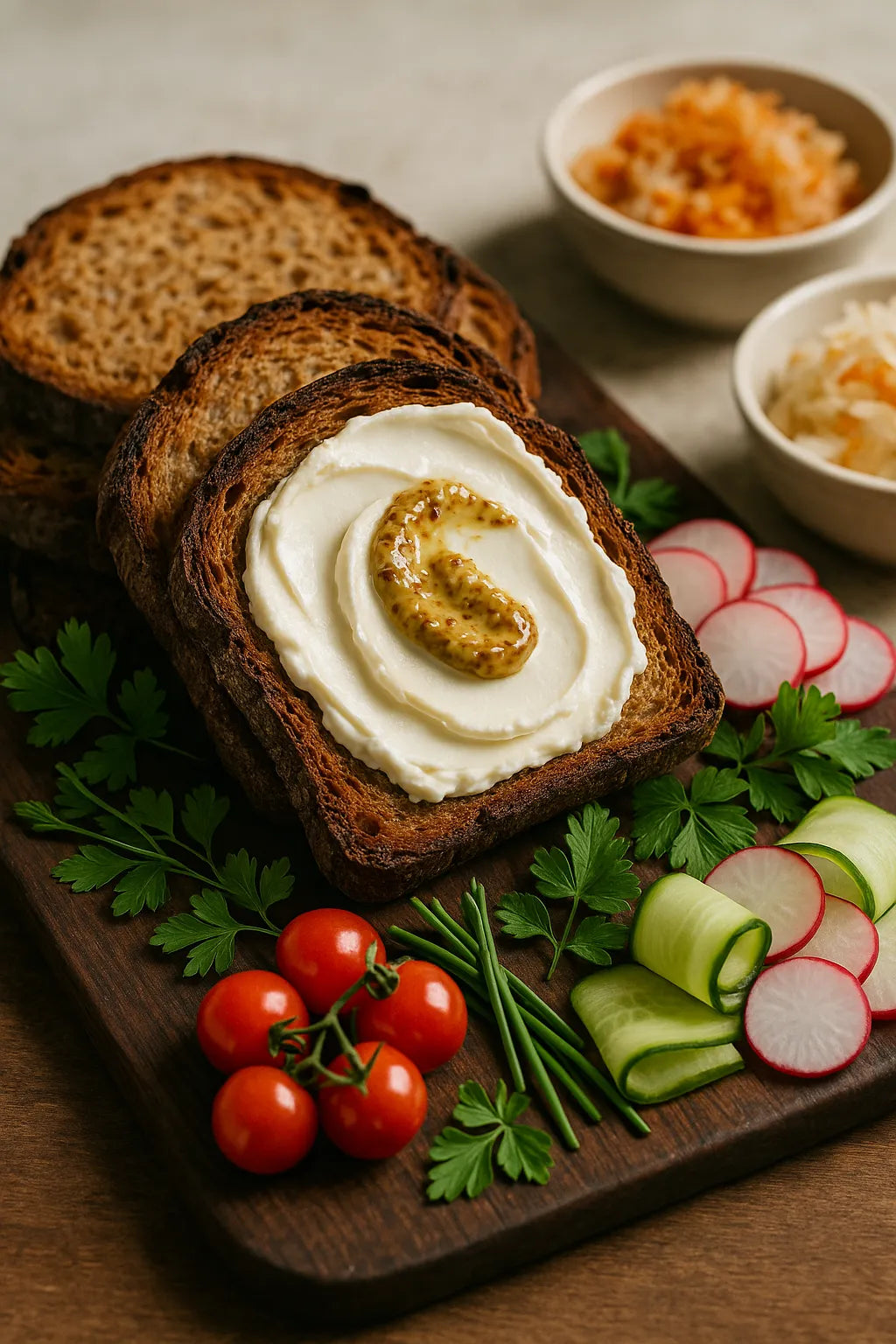 Rye bread with low-fat cheese and mustard