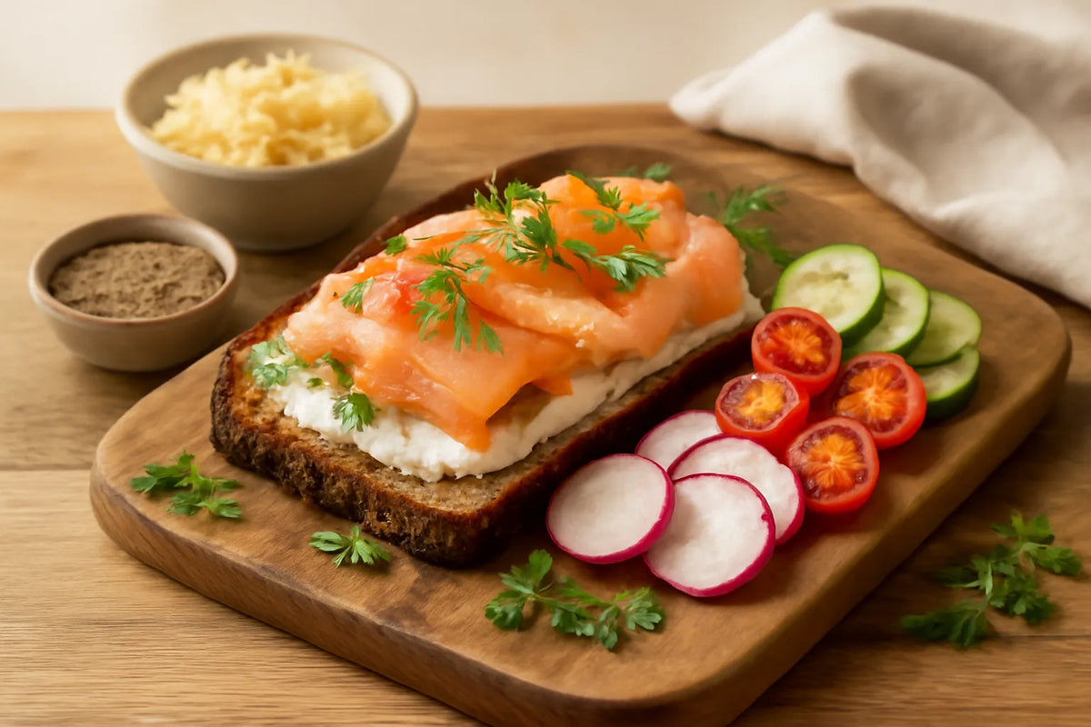 Rye bread with smoked trout and horseradish