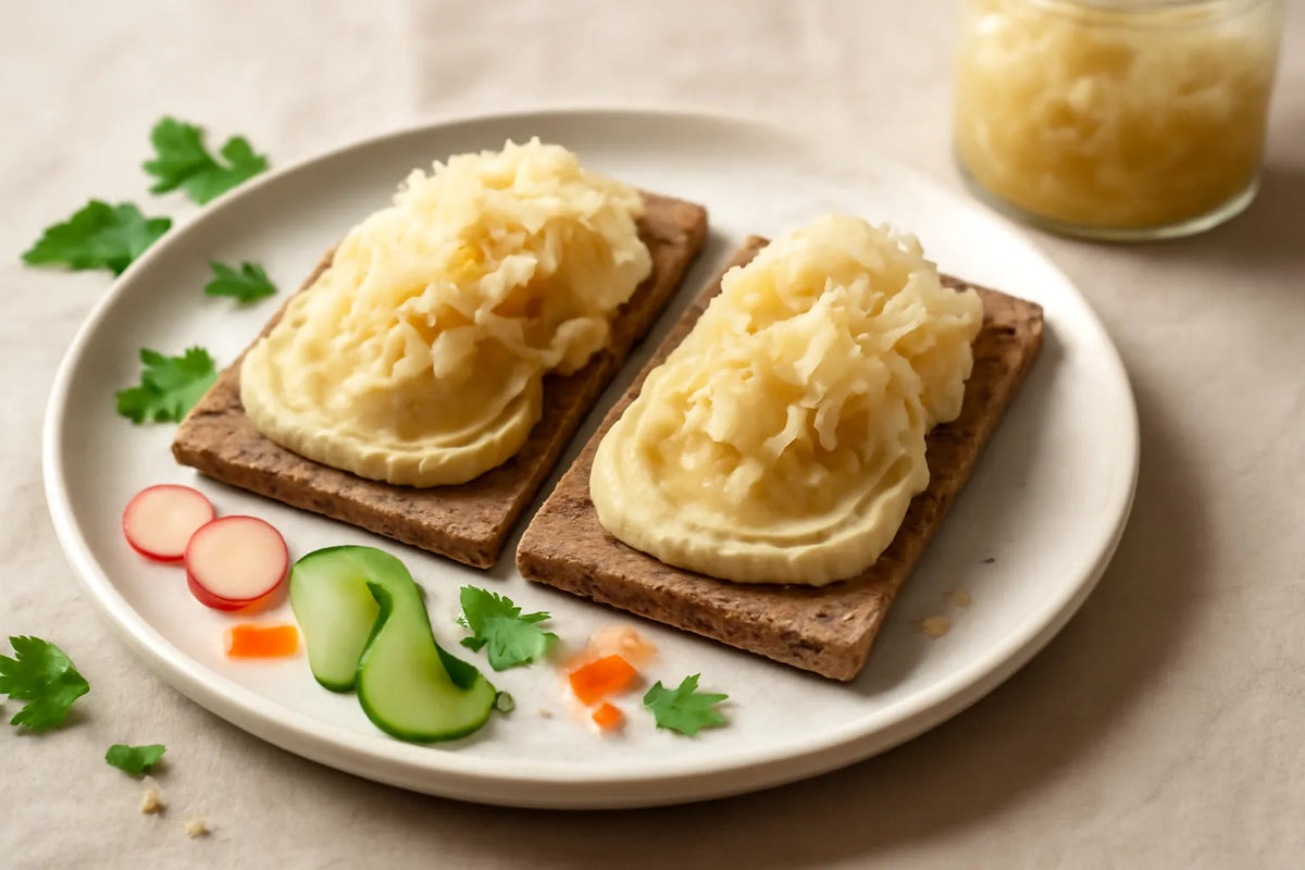 Roggenknäckebrot mit Hummus und Sauerkraut