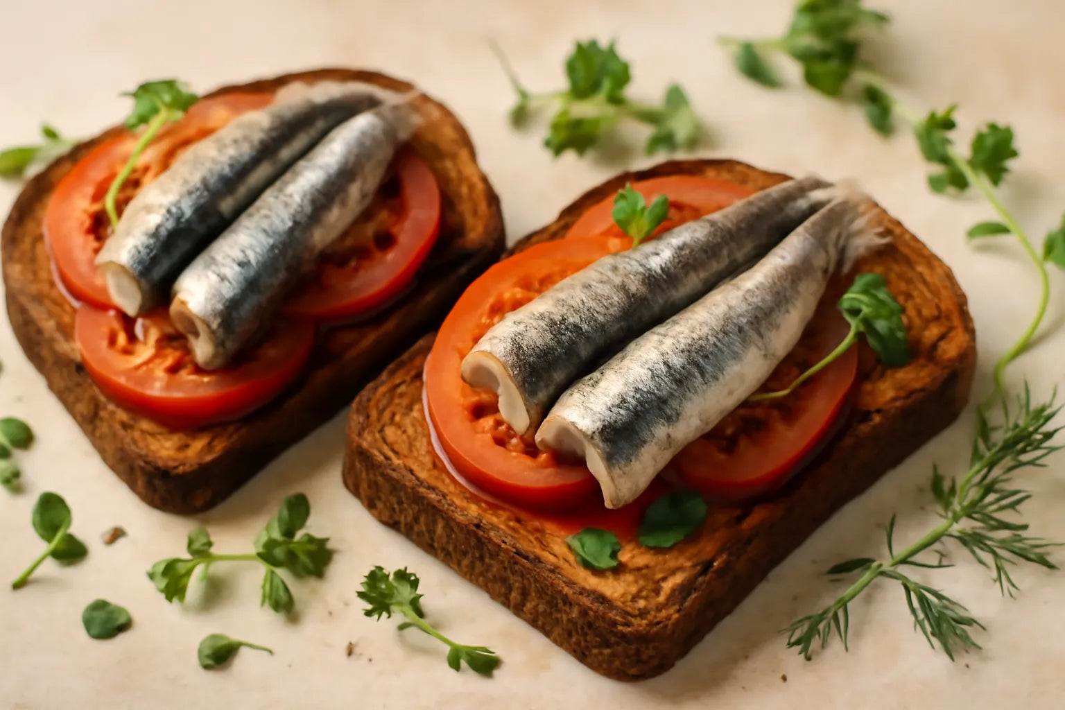 Roggebroodtoast met tomaat en sardines