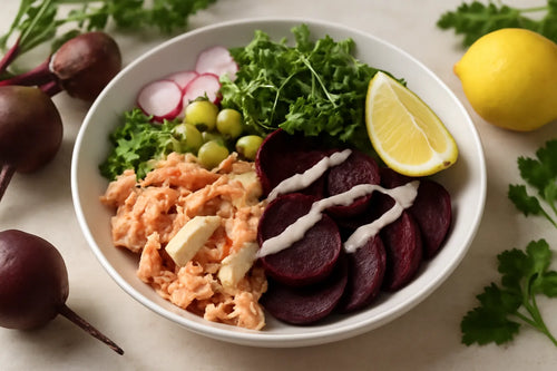 Salmon Beetroot Lemon Tahini Pokebowl