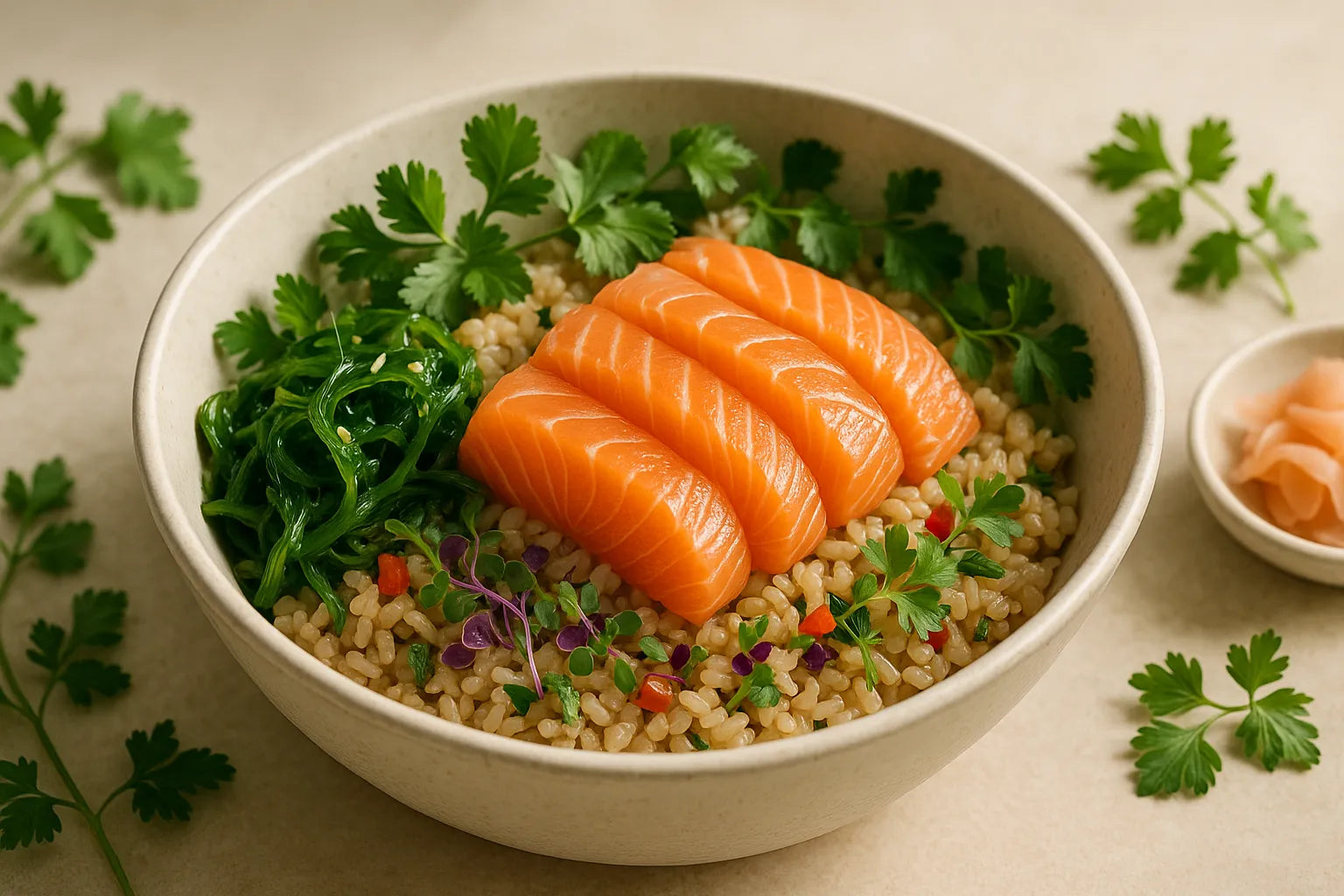 Lachs-Bowl mit braunem Reis und Seetang