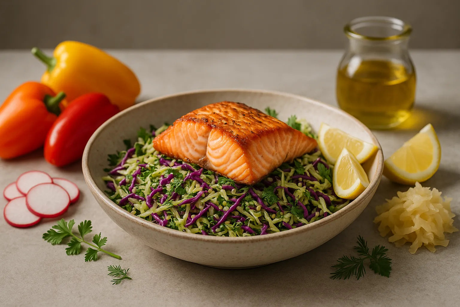 Tazón de ensalada de repollo con salmón