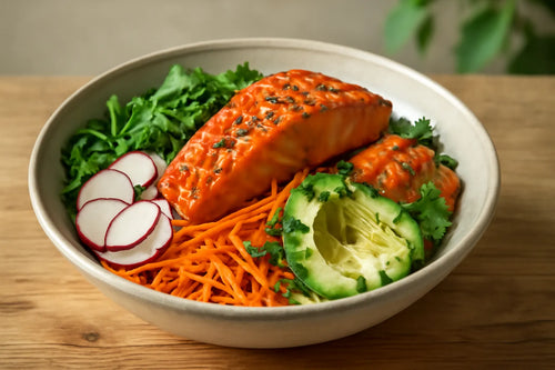 Salmon Carrot Gochujang Sesame Pokebowl