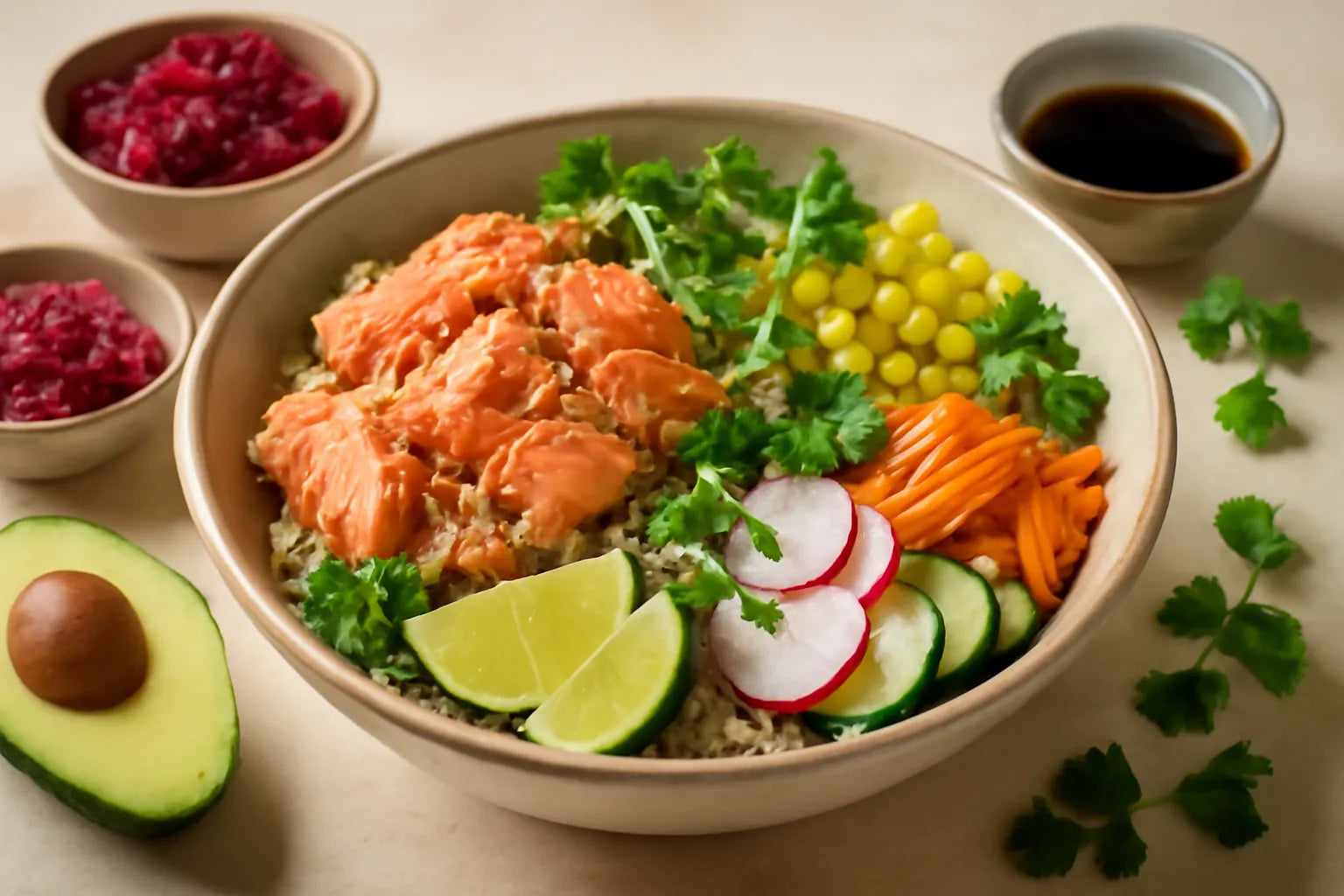 Salmon Corn Lime Soy Pokebowl