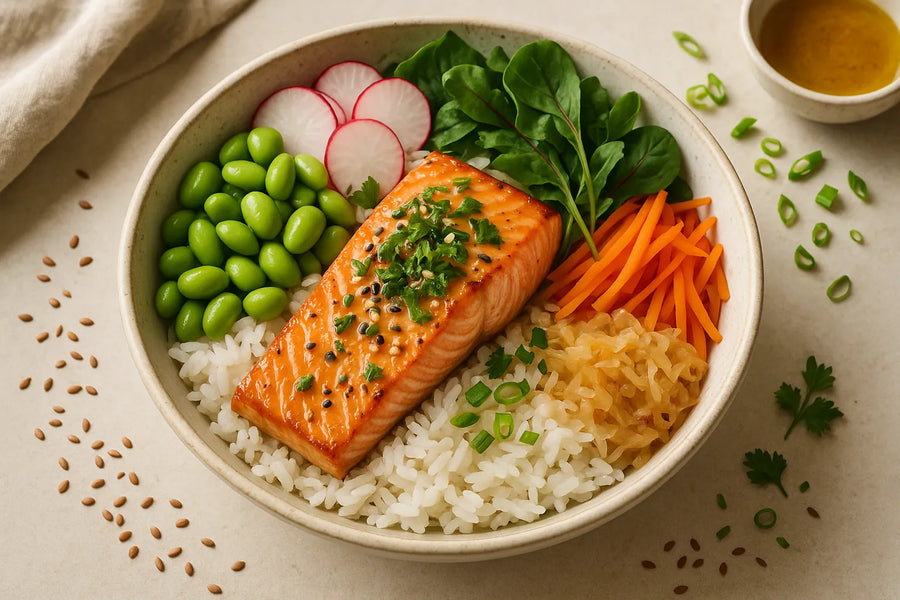 Tazón de arroz con salmón y edamame