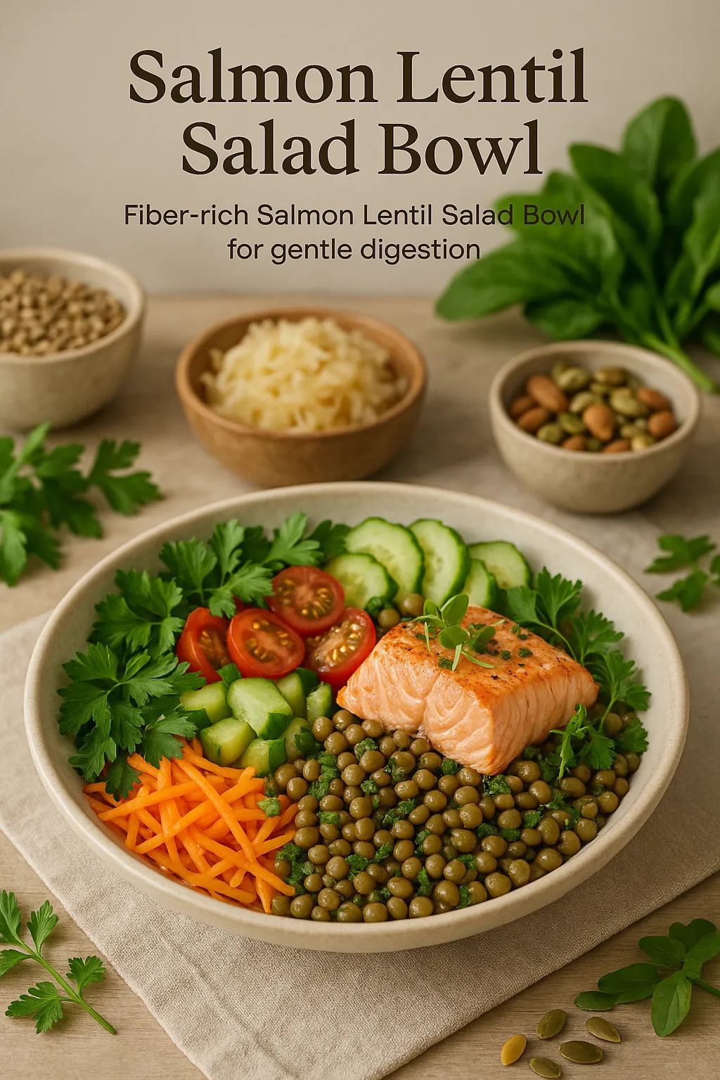 Bol de ensalada de salmón y lentejas