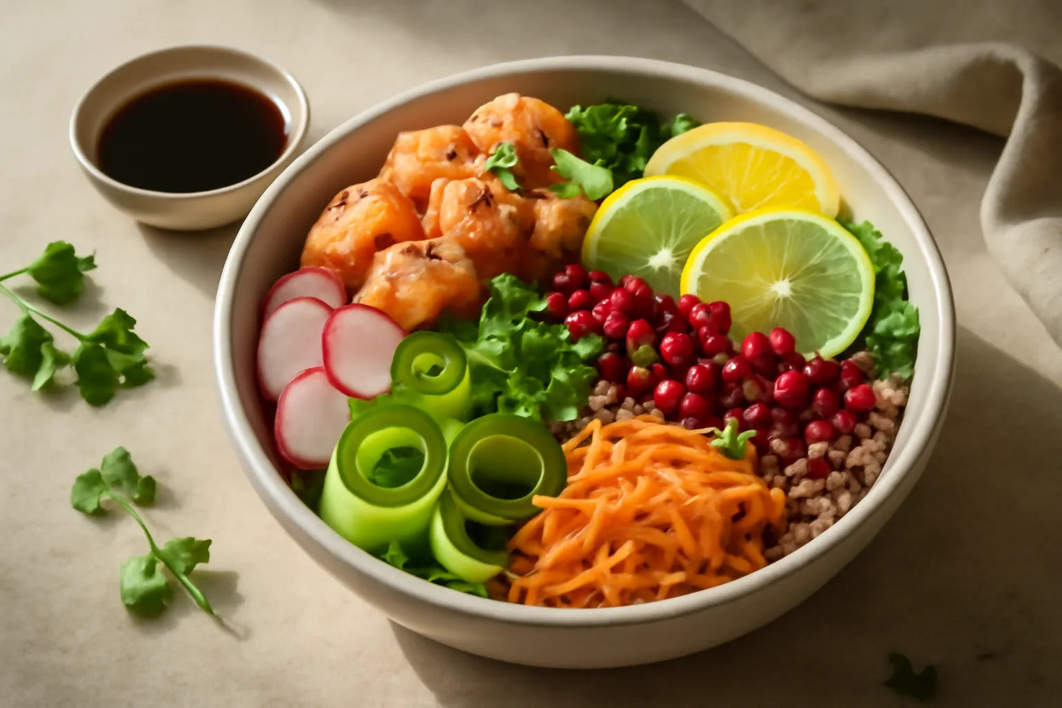 Salmon Pomegranate Citrus Soy Pokebowl