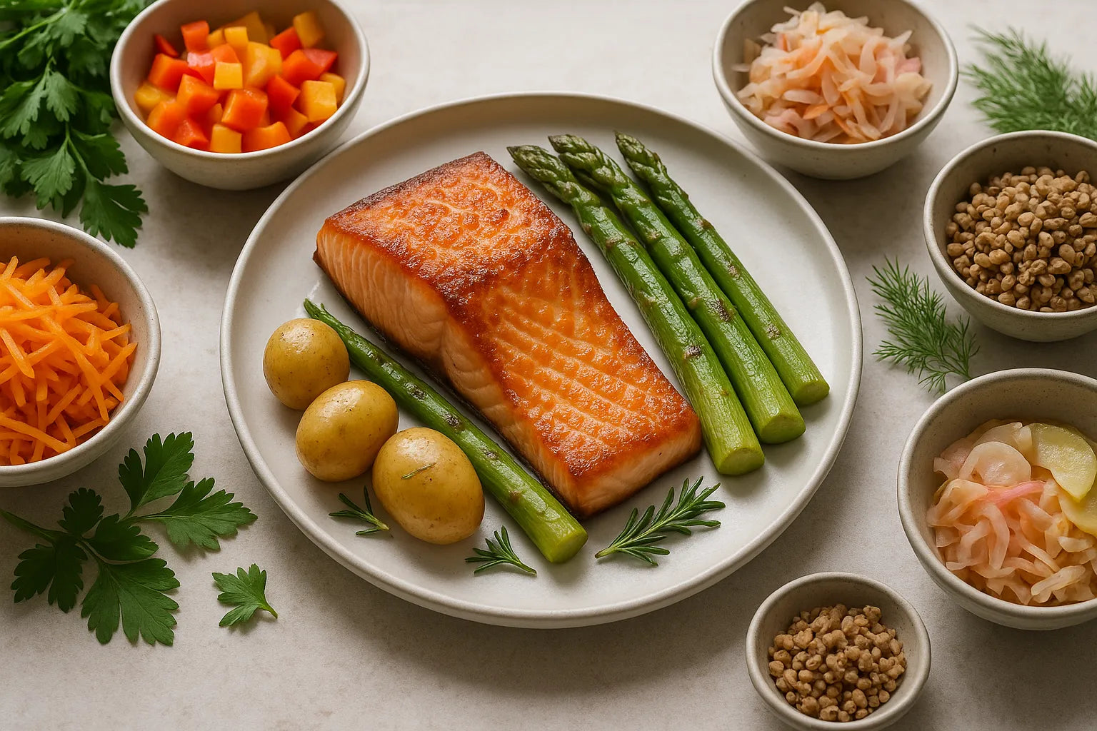 Salmon with asparagus and baby potatoes