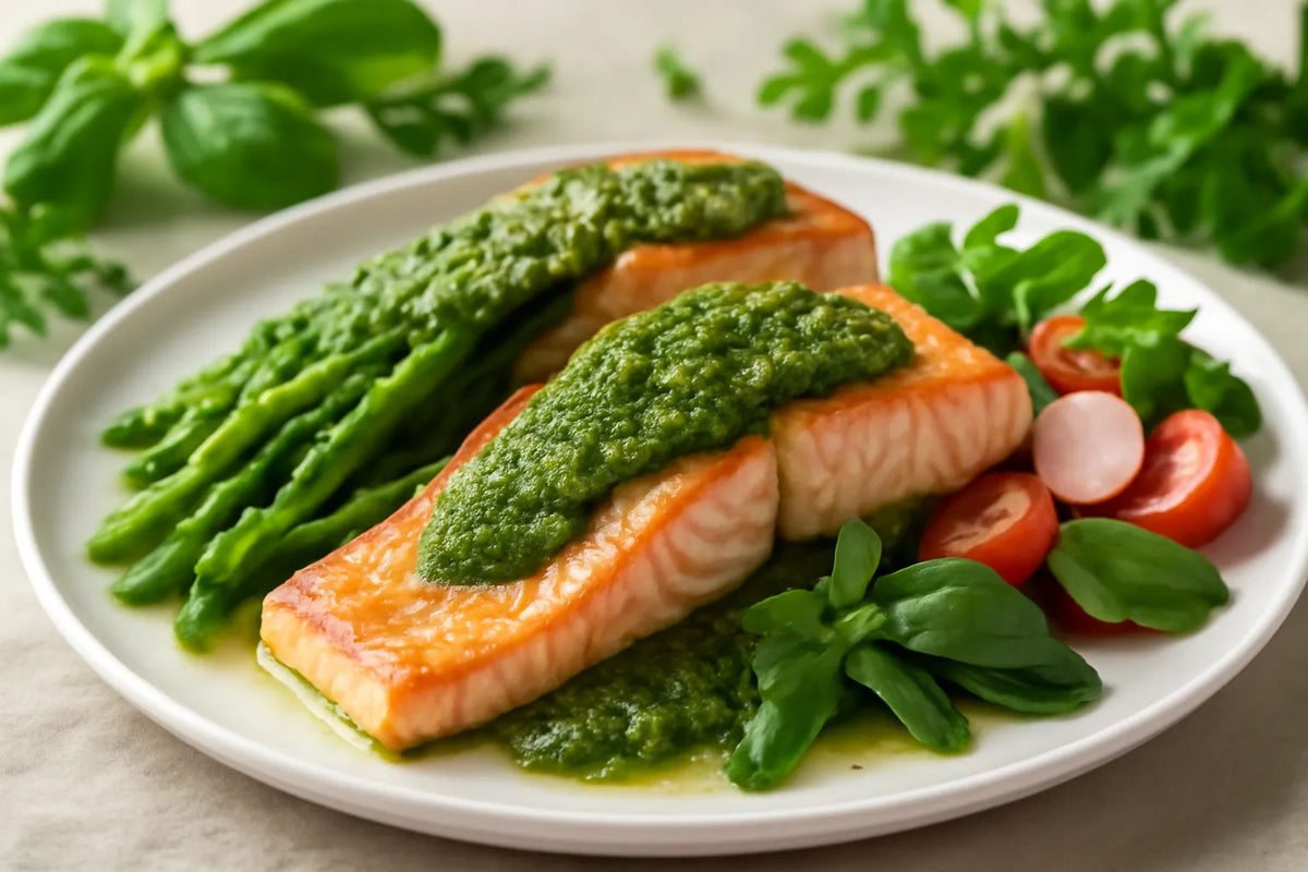 Łosoś z pesto i zielonymi fasolkami