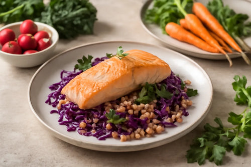 Salmon with red cabbage and barley