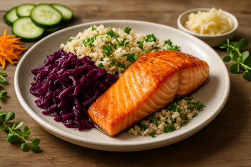 Salmon with red cabbage and quinoa