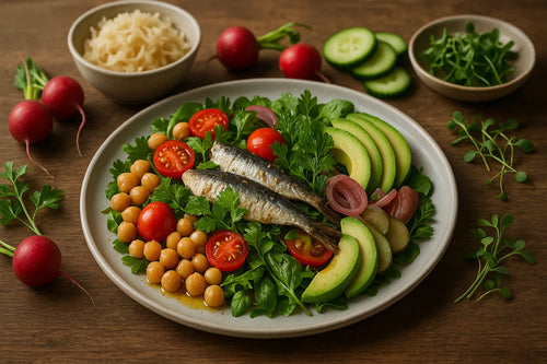 Ensalada de sardina, garbanzo y tomate