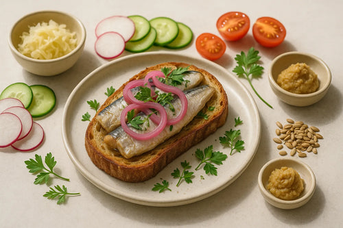 Sardinen-Toast mit eingelegten Zwiebeln